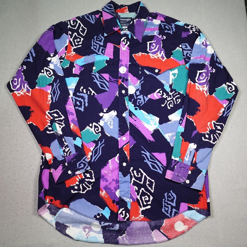 Vintage Wrangler Cowboy Cut Shirt Mens M Multicolor Brushpopper Western Snap 90s